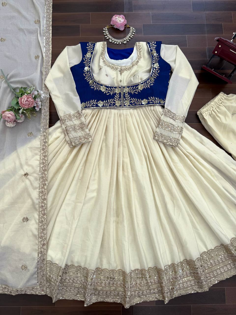 Mehira Chinon Silk Anarkali Set with Embroidered Koti & Dupatta