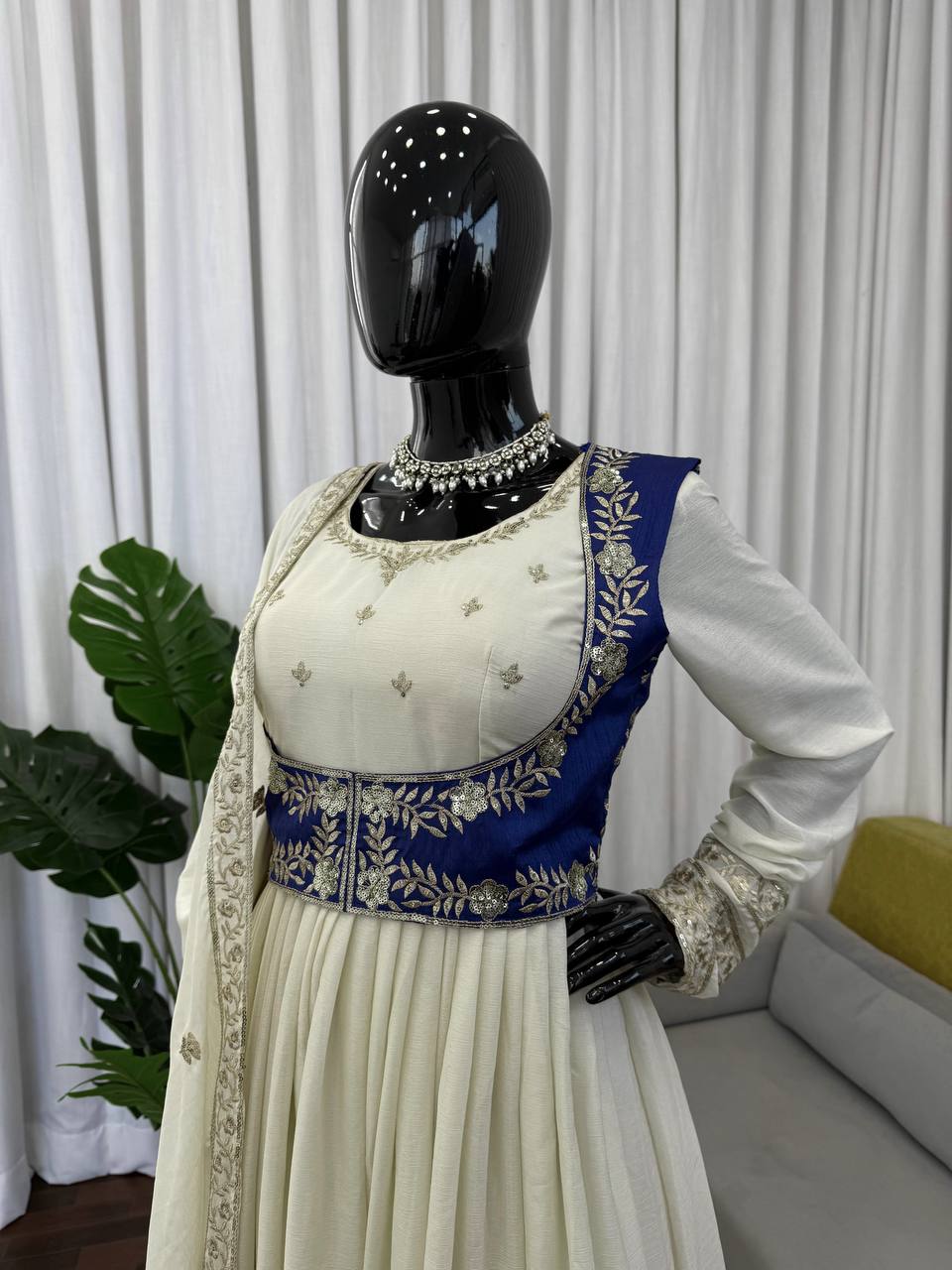 Mehira Chinon Silk Anarkali Set with Embroidered Koti & Dupatta