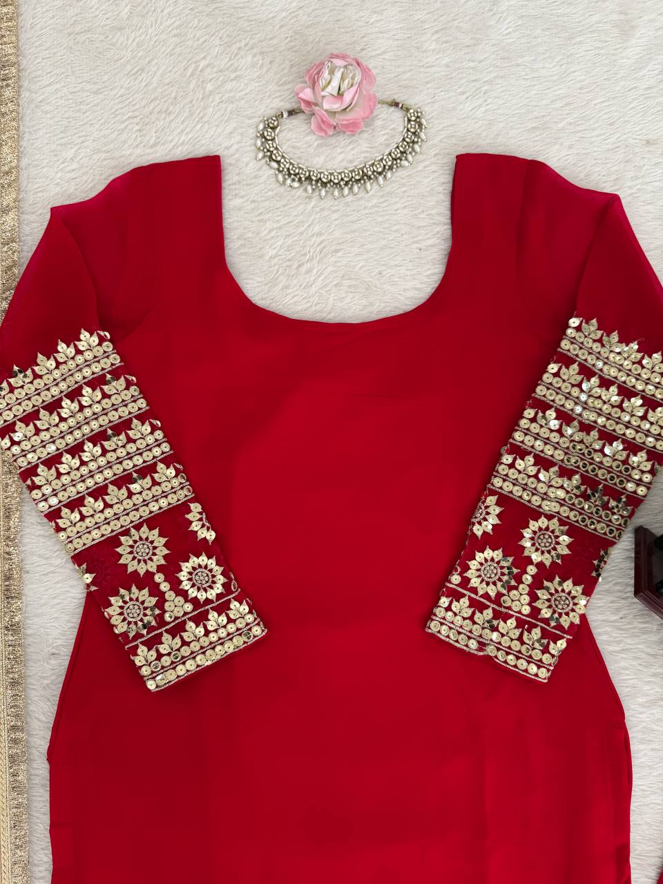Rangrez Georgette Thread & Sequins Work Straight Fit Kurti with Pant & Digital Print Dupatta