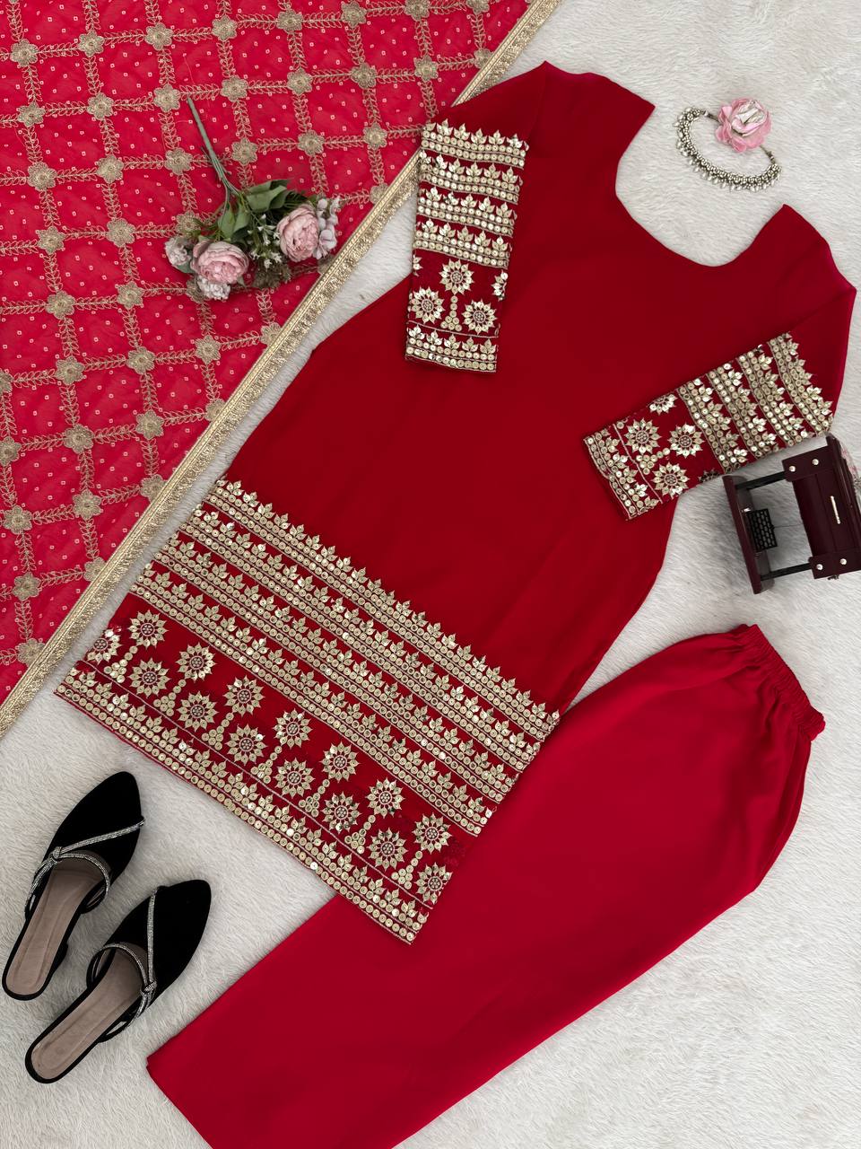 Rangrez Georgette Thread & Sequins Work Straight Fit Kurti with Pant & Digital Print Dupatta