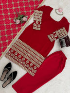 Rangrez Georgette Thread & Sequins Work Straight Fit Kurti with Pant & Digital Print Dupatta