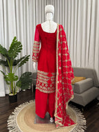 Rangrez Georgette Thread & Sequins Work Straight Fit Kurti with Pant & Digital Print Dupatta