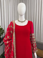 Rangrez Georgette Thread & Sequins Work Straight Fit Kurti with Pant & Digital Print Dupatta