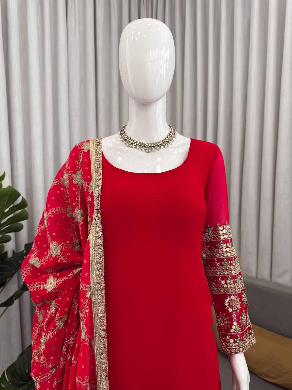 Rangrez Georgette Thread & Sequins Work Straight Fit Kurti with Pant & Digital Print Dupatta