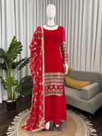 Rangrez Georgette Thread & Sequins Work Straight Fit Kurti with Pant & Digital Print Dupatta