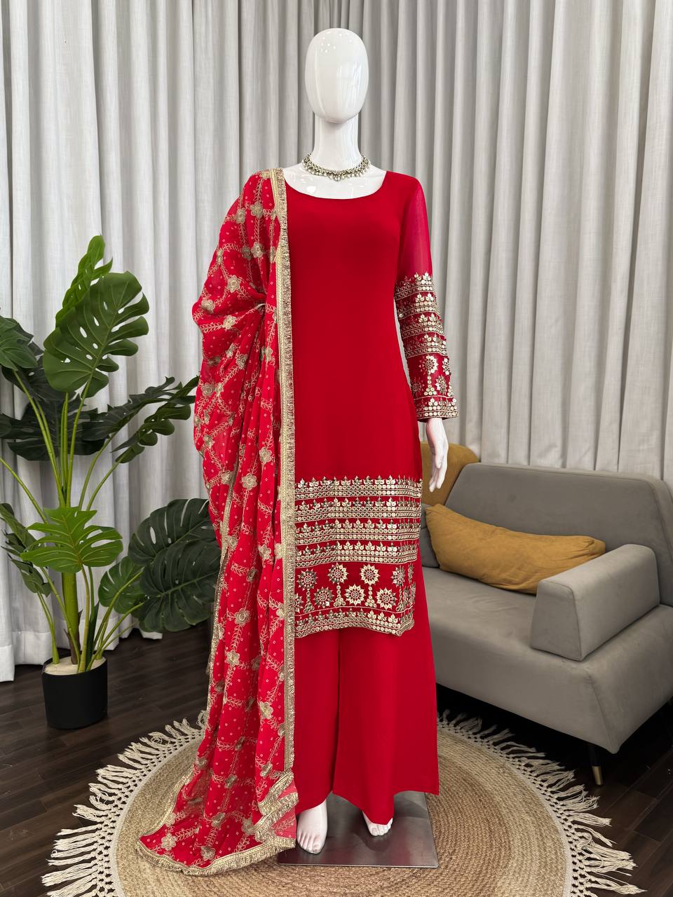 Rangrez Georgette Thread & Sequins Work Straight Fit Kurti with Pant & Digital Print Dupatta