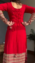 Rangrez Georgette Thread & Sequins Work Straight Fit Kurti with Pant & Digital Print Dupatta