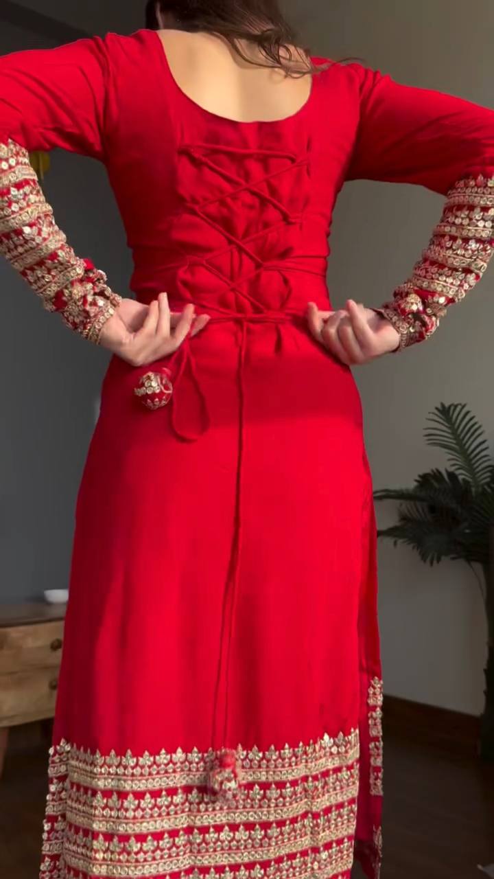 Rangrez Georgette Thread & Sequins Work Straight Fit Kurti with Pant & Digital Print Dupatta