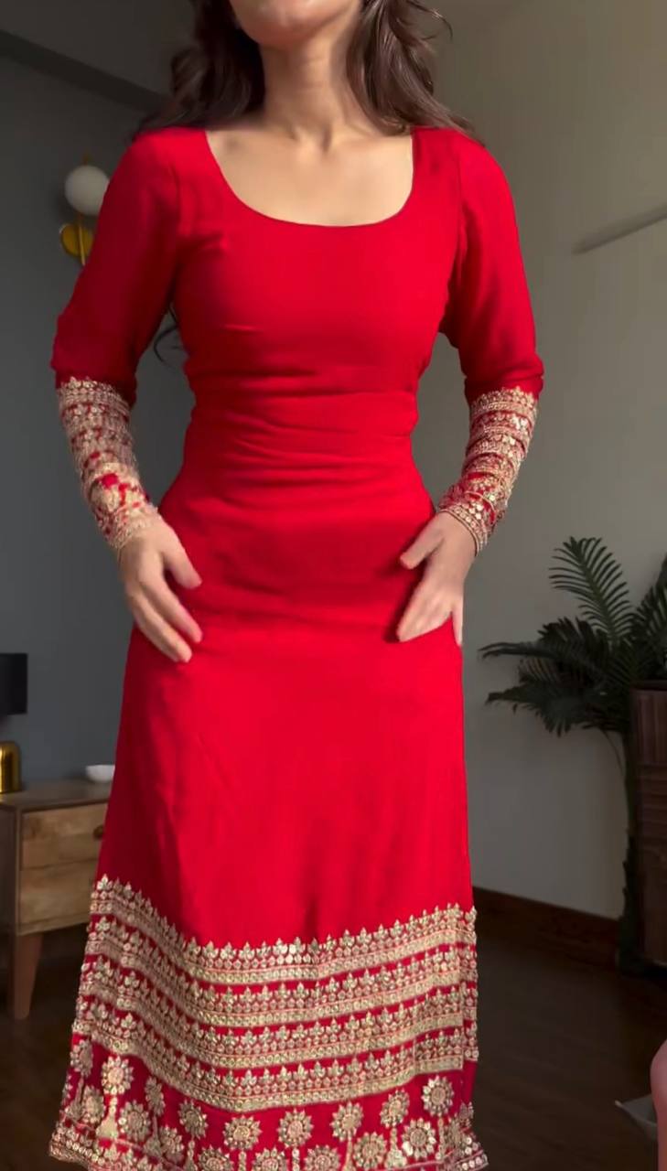 Rangrez Georgette Thread & Sequins Work Straight Fit Kurti with Pant & Digital Print Dupatta