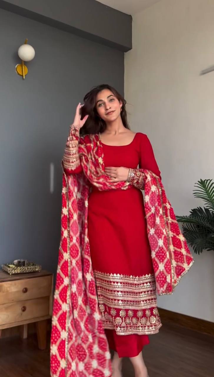 Rangrez Georgette Thread & Sequins Work Straight Fit Kurti with Pant & Digital Print Dupatta