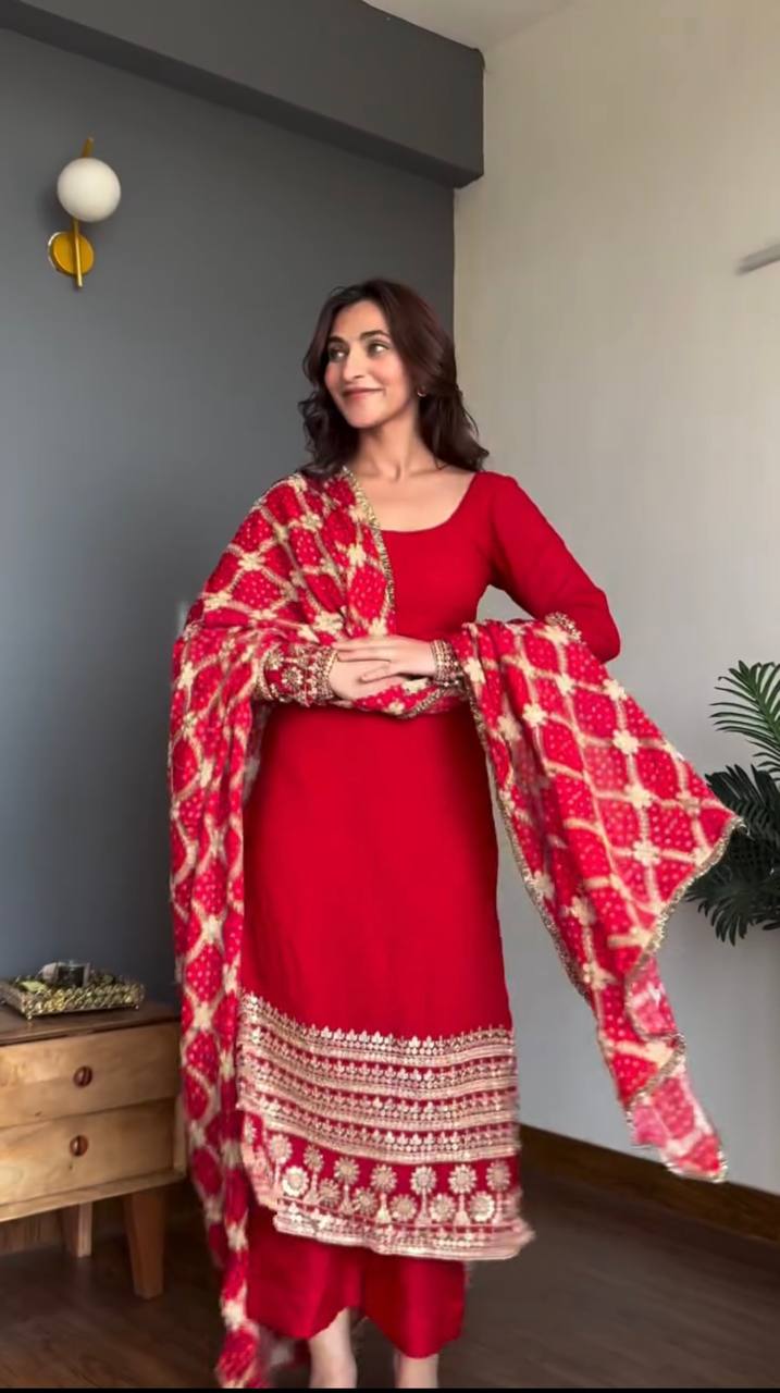 Rangrez Georgette Thread & Sequins Work Straight Fit Kurti with Pant & Digital Print Dupatta