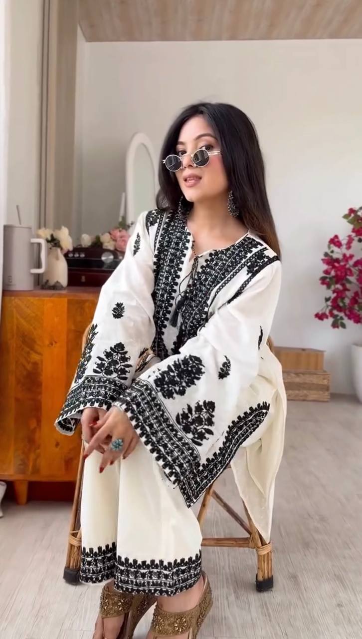 Designer Rayon Butti Silk Suit with Chain Stitch Embroidery Work