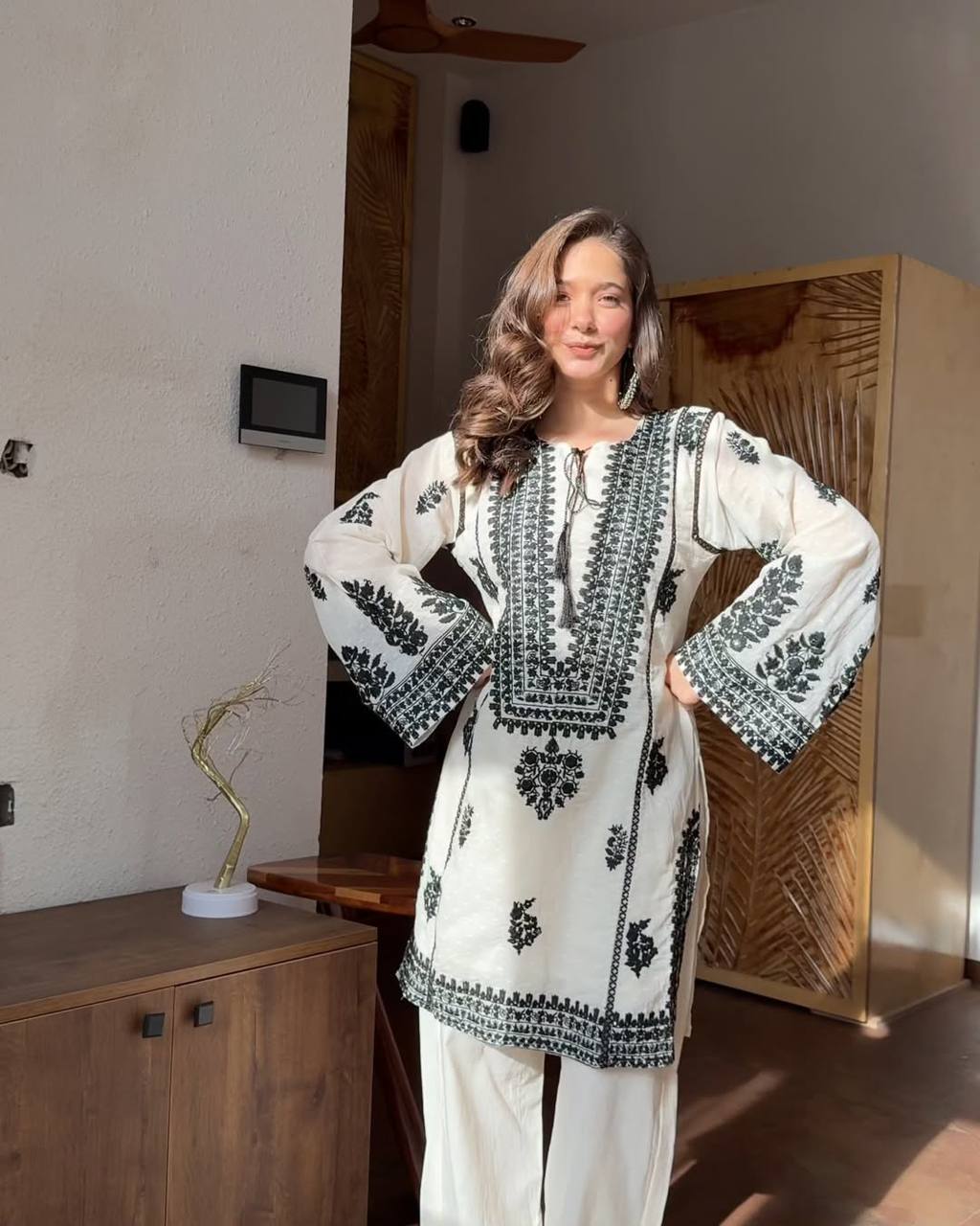 Designer Rayon Butti Silk Suit with Chain Stitch Embroidery Work