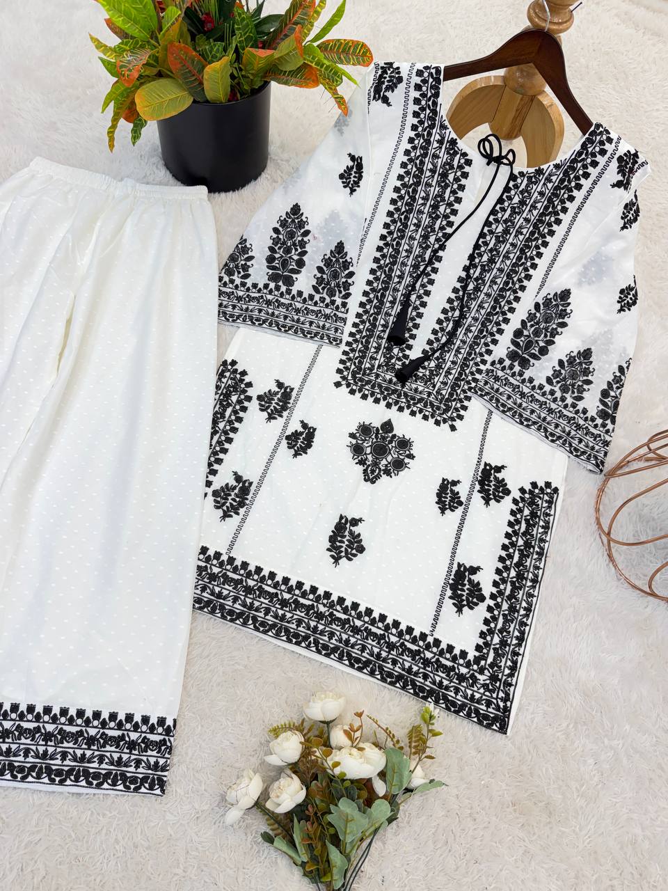 Designer Rayon Butti Silk Suit with Chain Stitch Embroidery Work