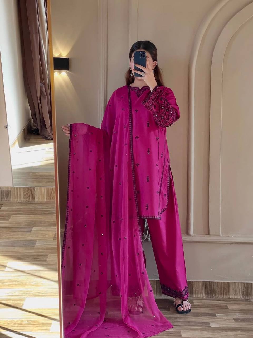 Pink Designer Rayon Cotton Suit Set with Thread & Sequin WorkFG