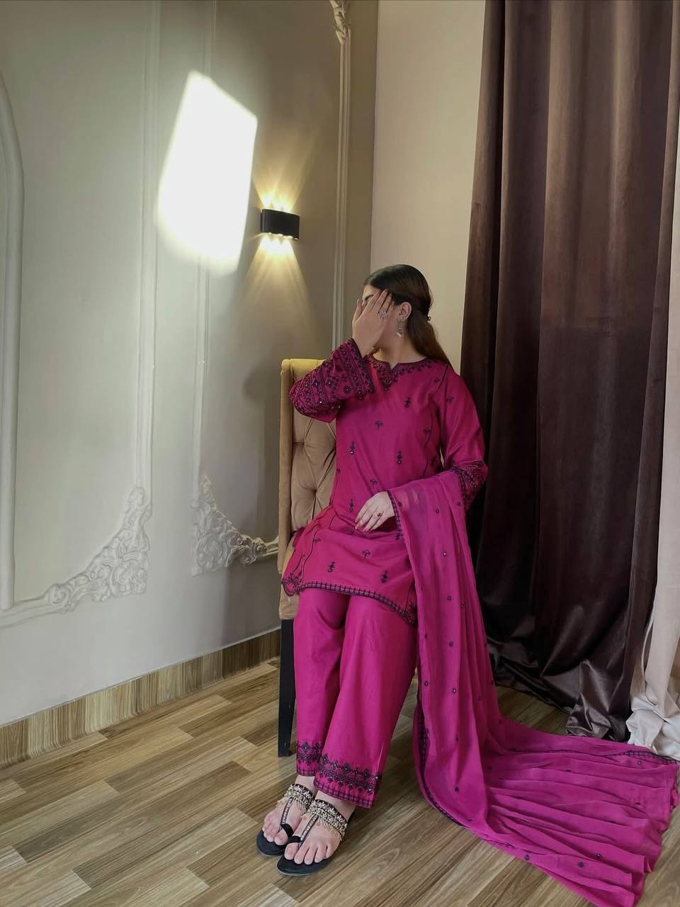 Pink Designer Rayon Cotton Suit Set with Thread & Sequin WorkFG