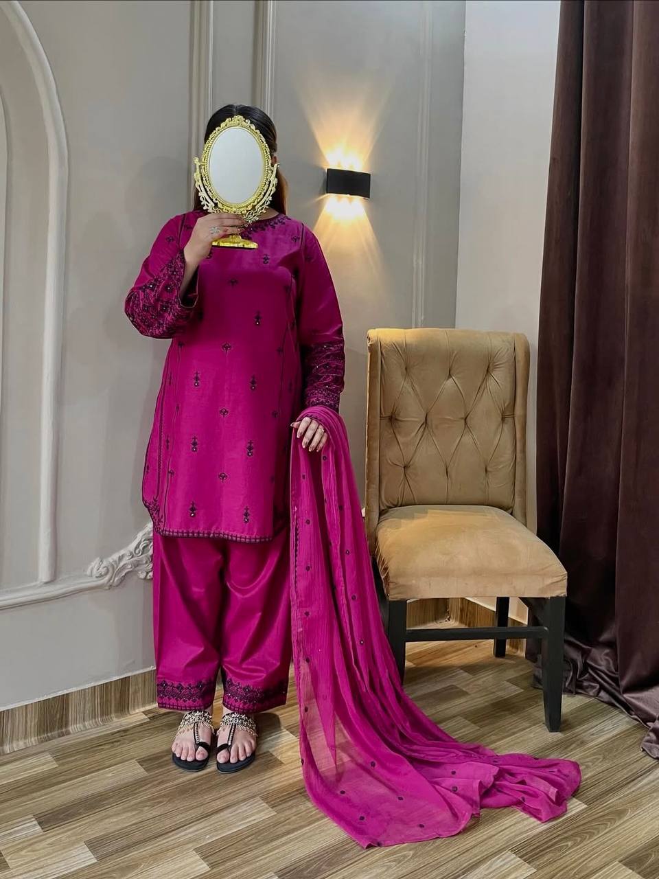 Pink Designer Rayon Cotton Suit Set with Thread & Sequin WorkFG