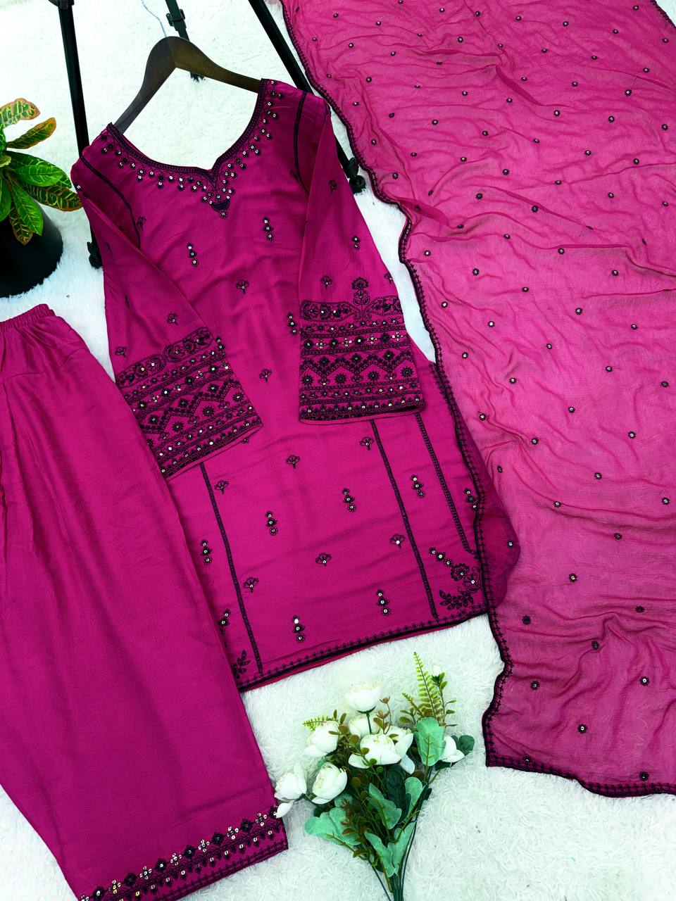 Pink Designer Rayon Cotton Suit Set with Thread & Sequin WorkFG