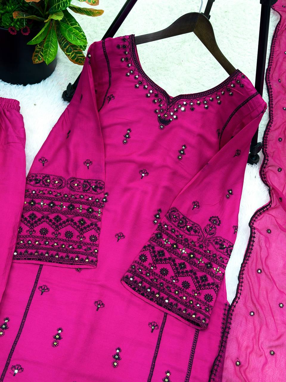 Pink Designer Rayon Cotton Suit Set with Thread & Sequin WorkFG