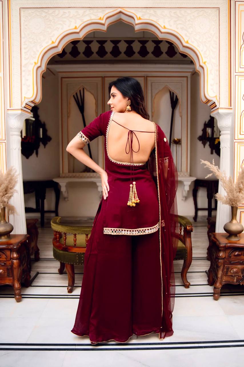 Maroon Color Heavy Georgette Palazzo Suit with  Embroidery Sequin Dupatta