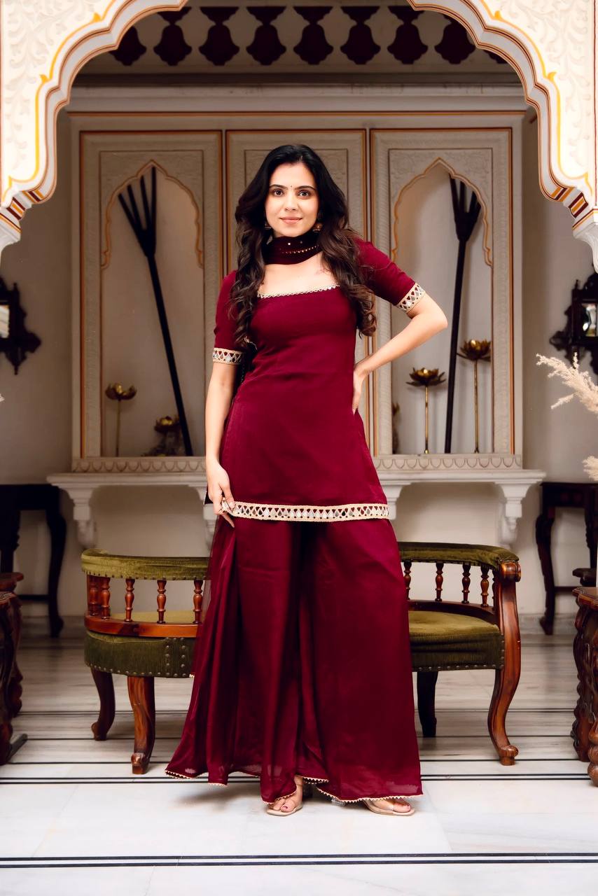 Maroon Color Heavy Georgette Palazzo Suit with  Embroidery Sequin Dupatta