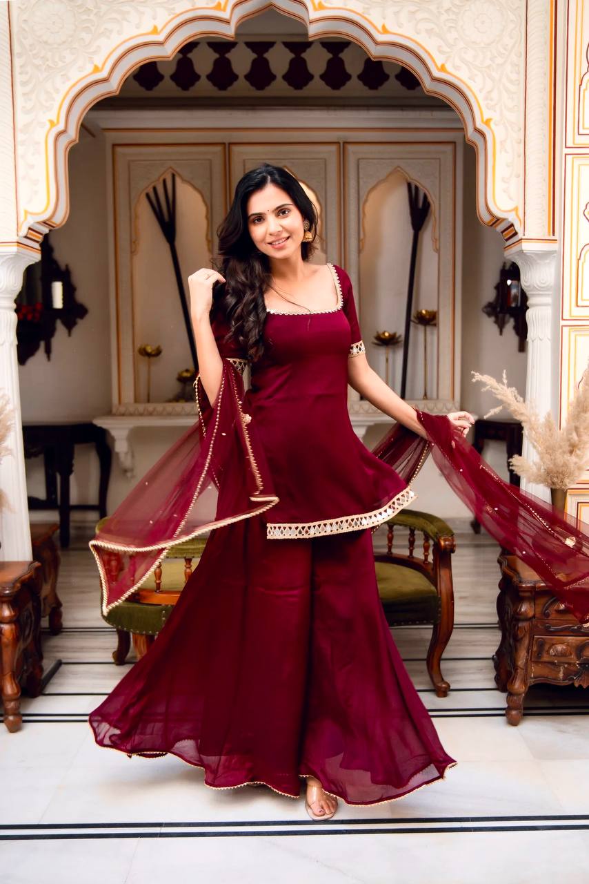 Maroon Color Heavy Georgette Palazzo Suit with  Embroidery Sequin Dupatta