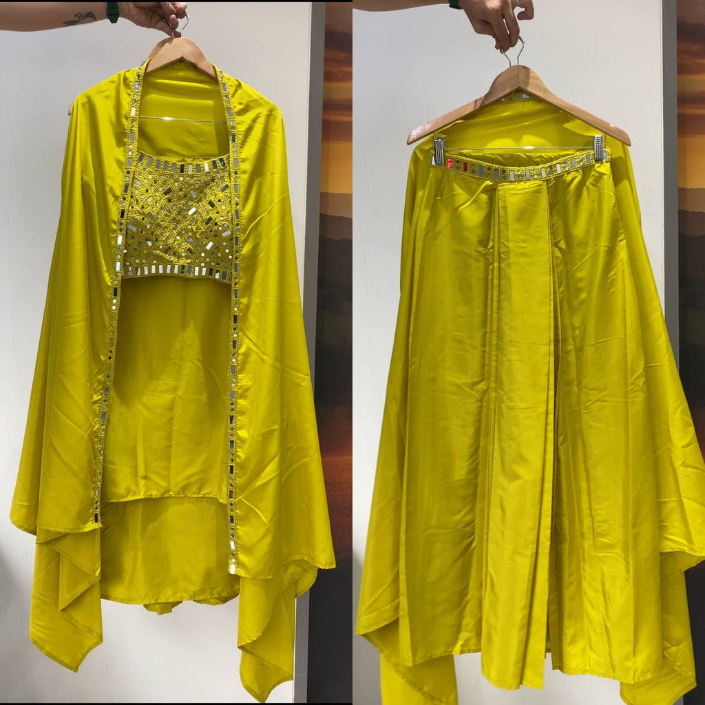 Anaya French Crepe Silk Real Mirror Embroidered Blouse Skirt & Shrug Set