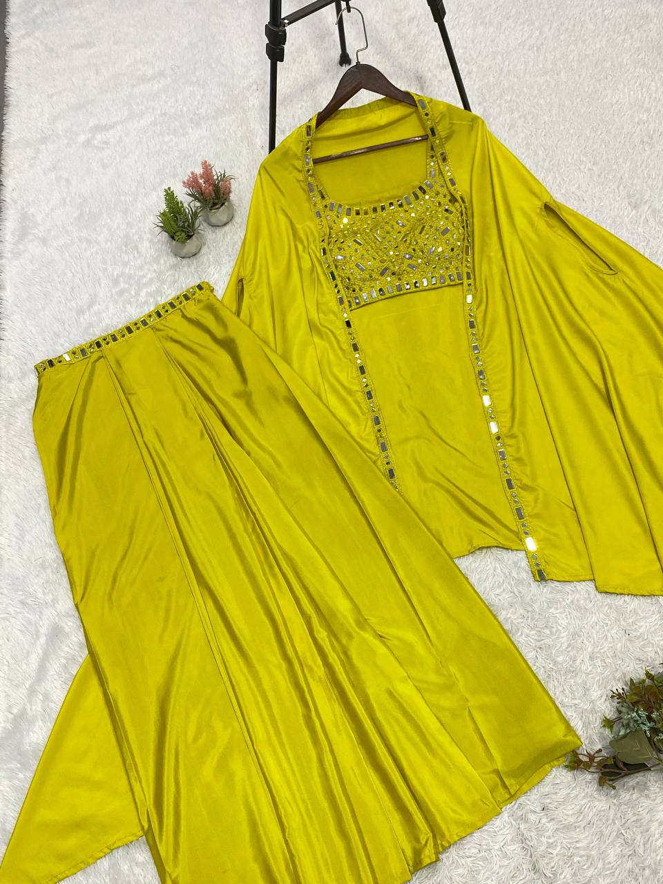 Anaya French Crepe Silk Real Mirror Embroidered Blouse Skirt & Shrug Set