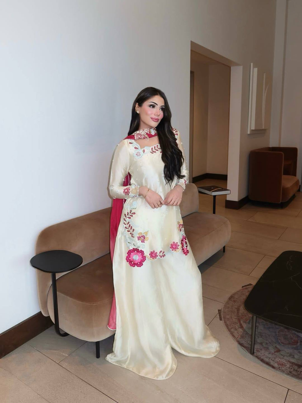 Pakistani Style Meher Noor Heavy Embroidered Roman Glass Kurti Farshi Salwar Set