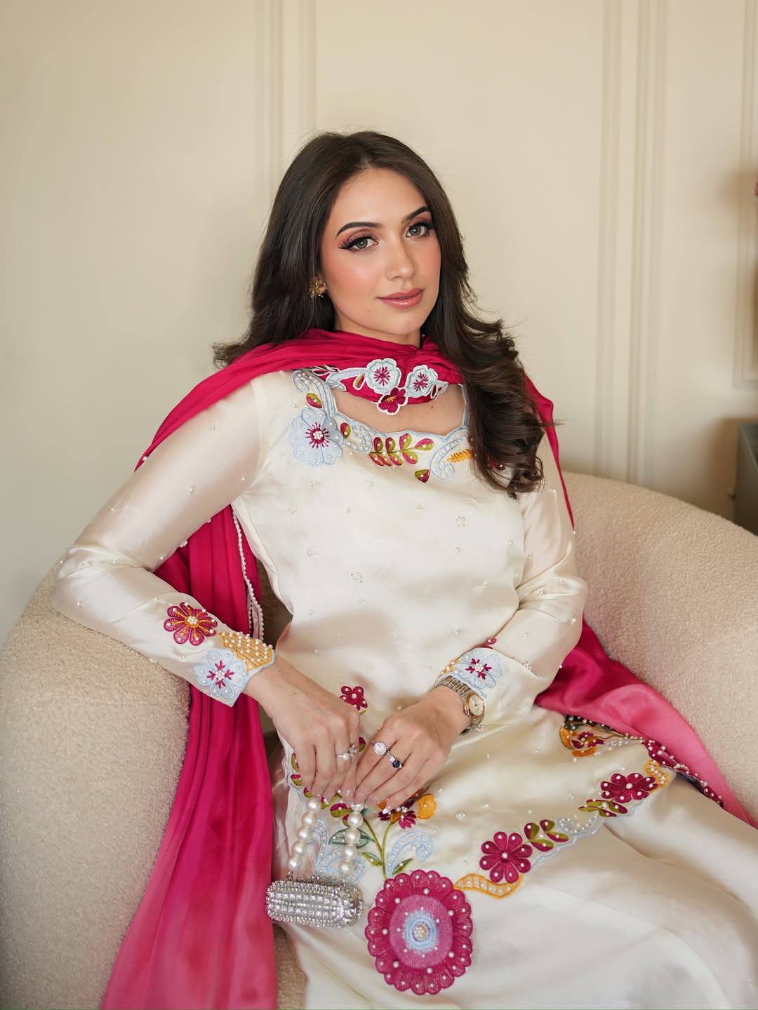 Pakistani Style Meher Noor Heavy Embroidered Roman Glass Kurti Farshi Salwar Set