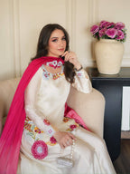 Pakistani Style Meher Noor Heavy Embroidered Roman Glass Kurti Farshi Salwar Set