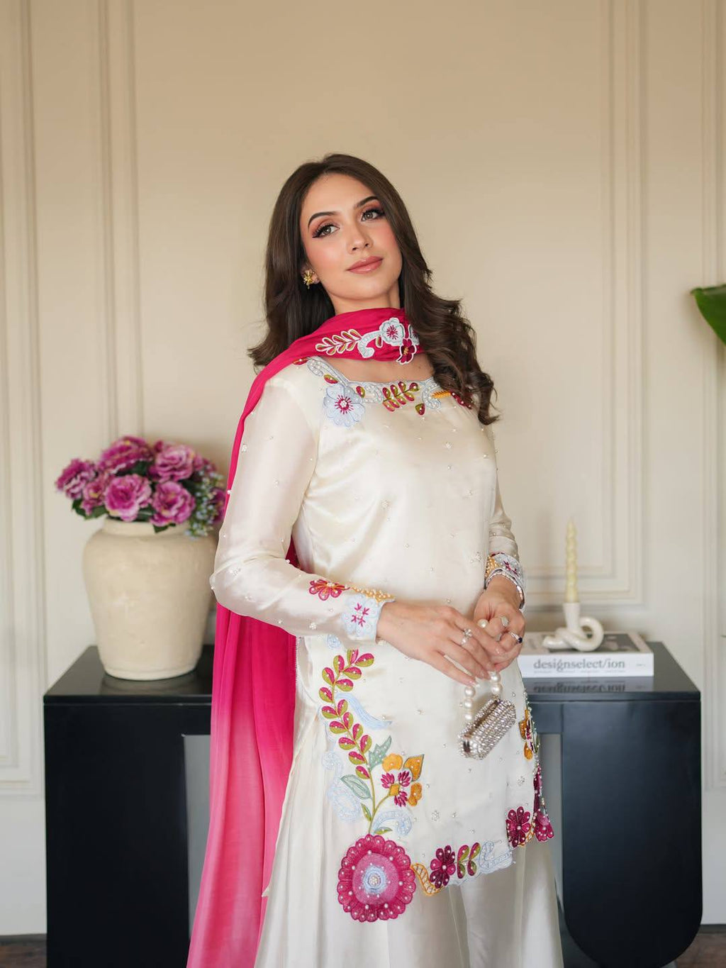 Pakistani Style Meher Noor Heavy Embroidered Roman Glass Kurti Farshi Salwar Set