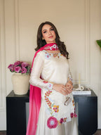 Pakistani Style Meher Noor Heavy Embroidered Roman Glass Kurti Farshi Salwar Set