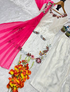 Pakistani Style Meher Noor Heavy Embroidered Roman Glass Kurti Farshi Salwar Set