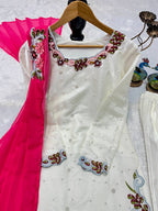 Pakistani Style Meher Noor Heavy Embroidered Roman Glass Kurti Farshi Salwar Set