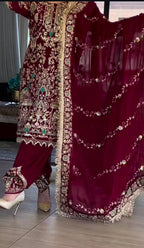 Afsana Natural Crepe Embroidered Dhoti Salwar Set with Lace Dupatta