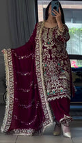 Afsana Natural Crepe Embroidered Dhoti Salwar Set with Lace Dupatta