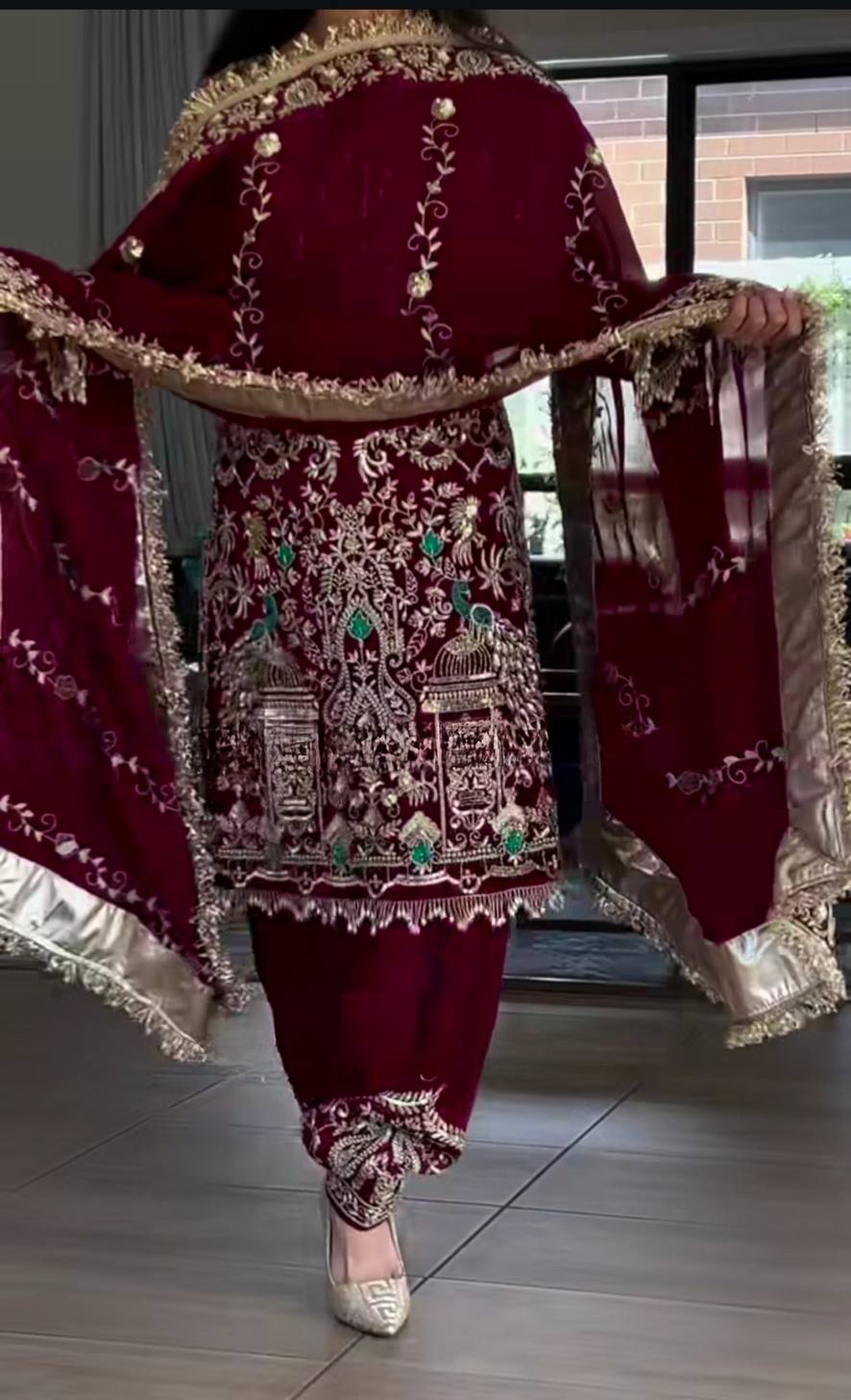 Afsana Natural Crepe Embroidered Dhoti Salwar Set with Lace Dupatta