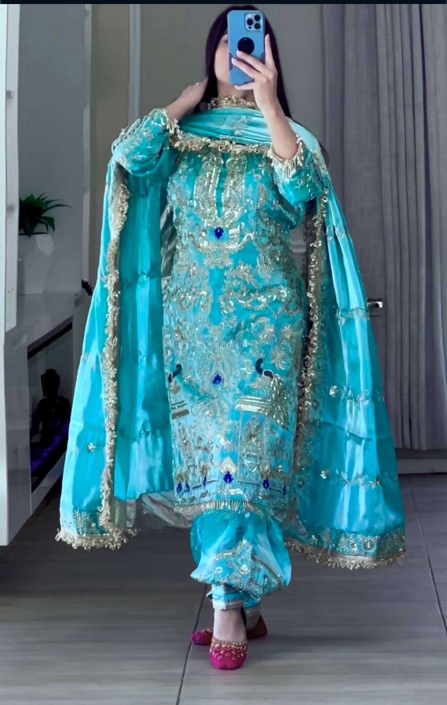 Afsana Natural Crepe Embroidered Dhoti Salwar Set with Lace Dupatta