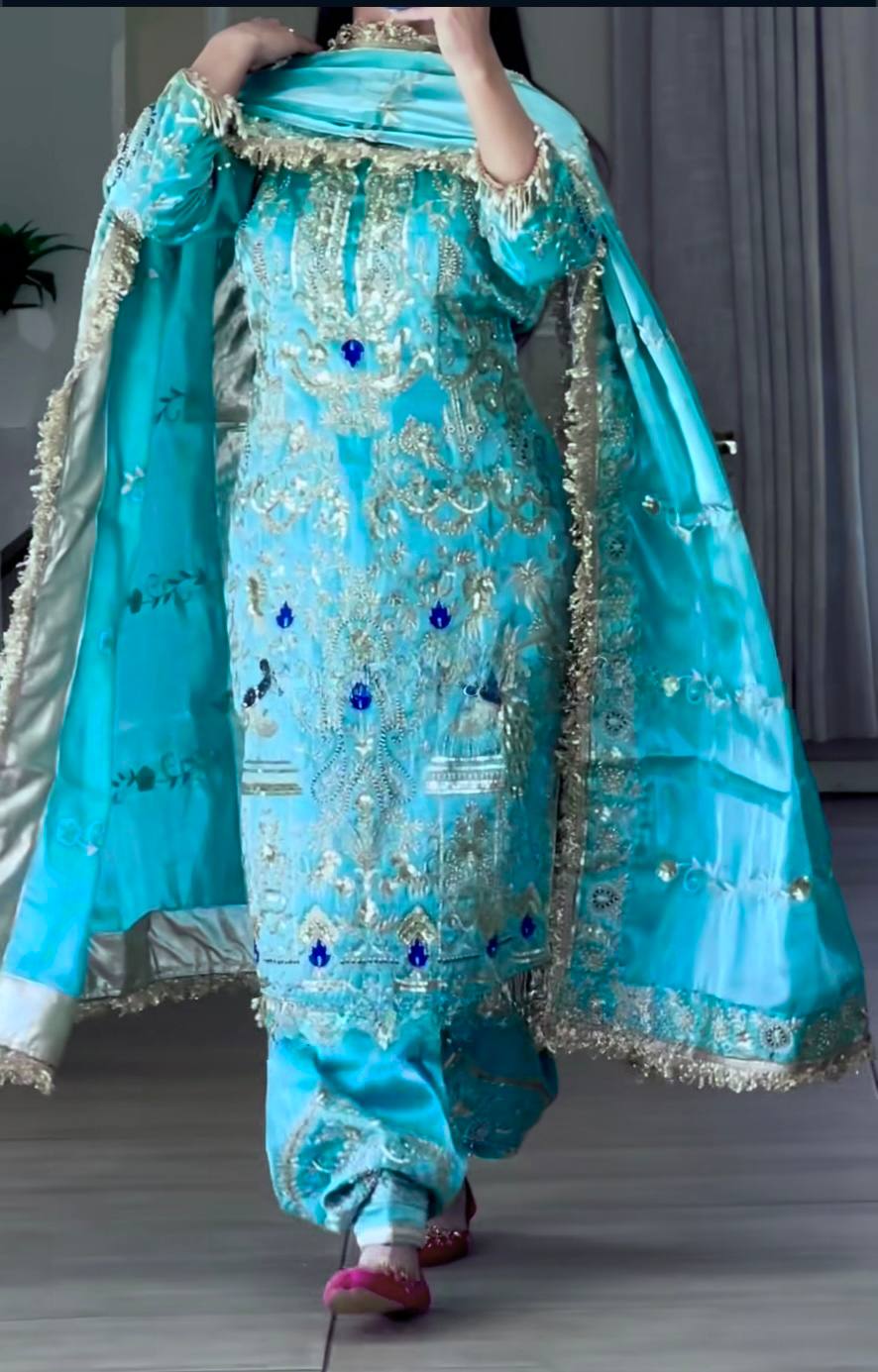 Afsana Natural Crepe Embroidered Dhoti Salwar Set with Lace Dupatta
