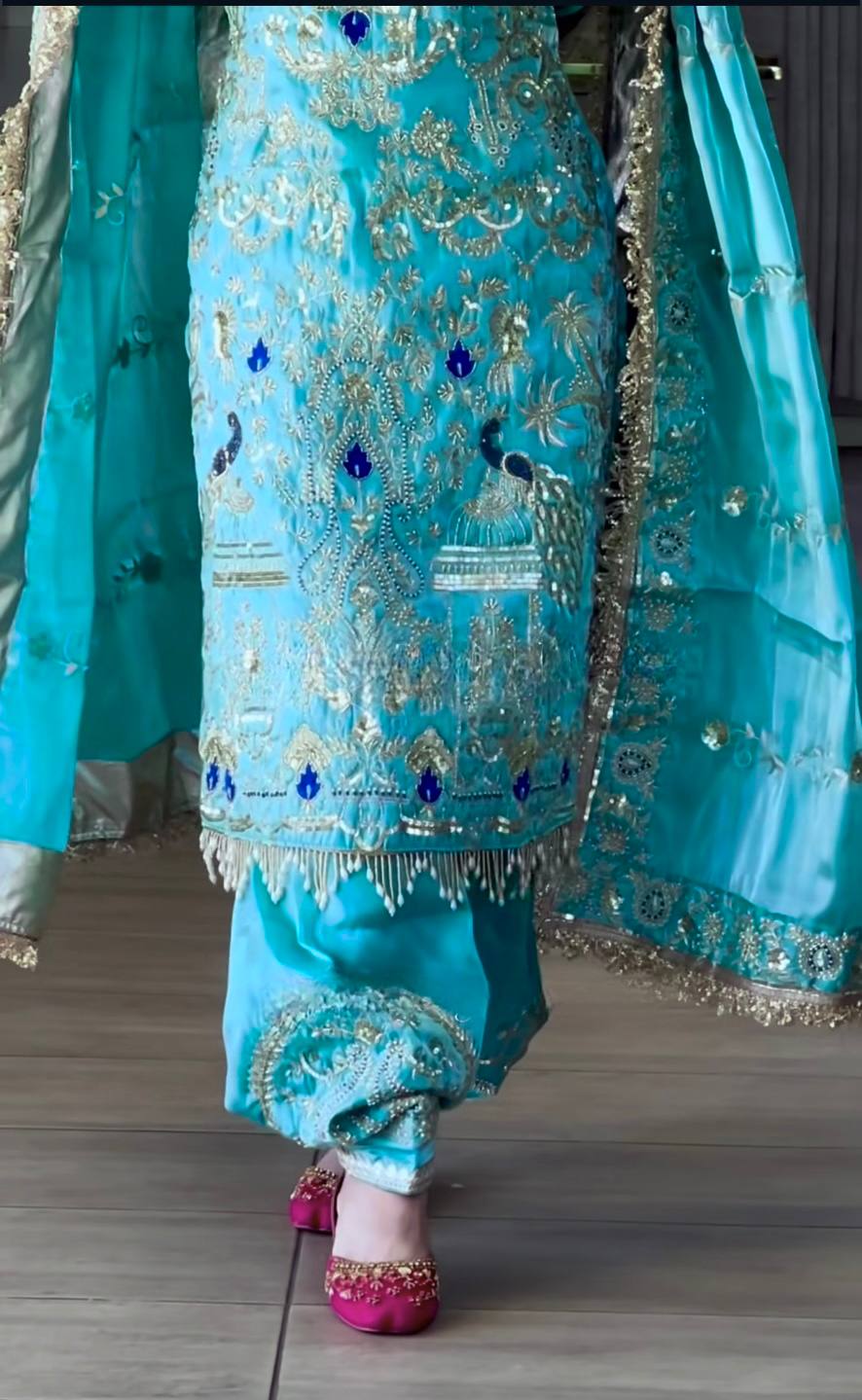Afsana Natural Crepe Embroidered Dhoti Salwar Set with Lace Dupatta