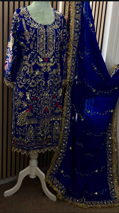 Afsana Natural Crepe Embroidered Dhoti Salwar Set with Lace Dupatta