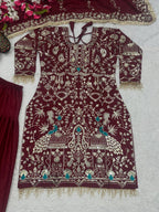 Afsana Natural Crepe Embroidered Dhoti Salwar Set with Lace Dupatta