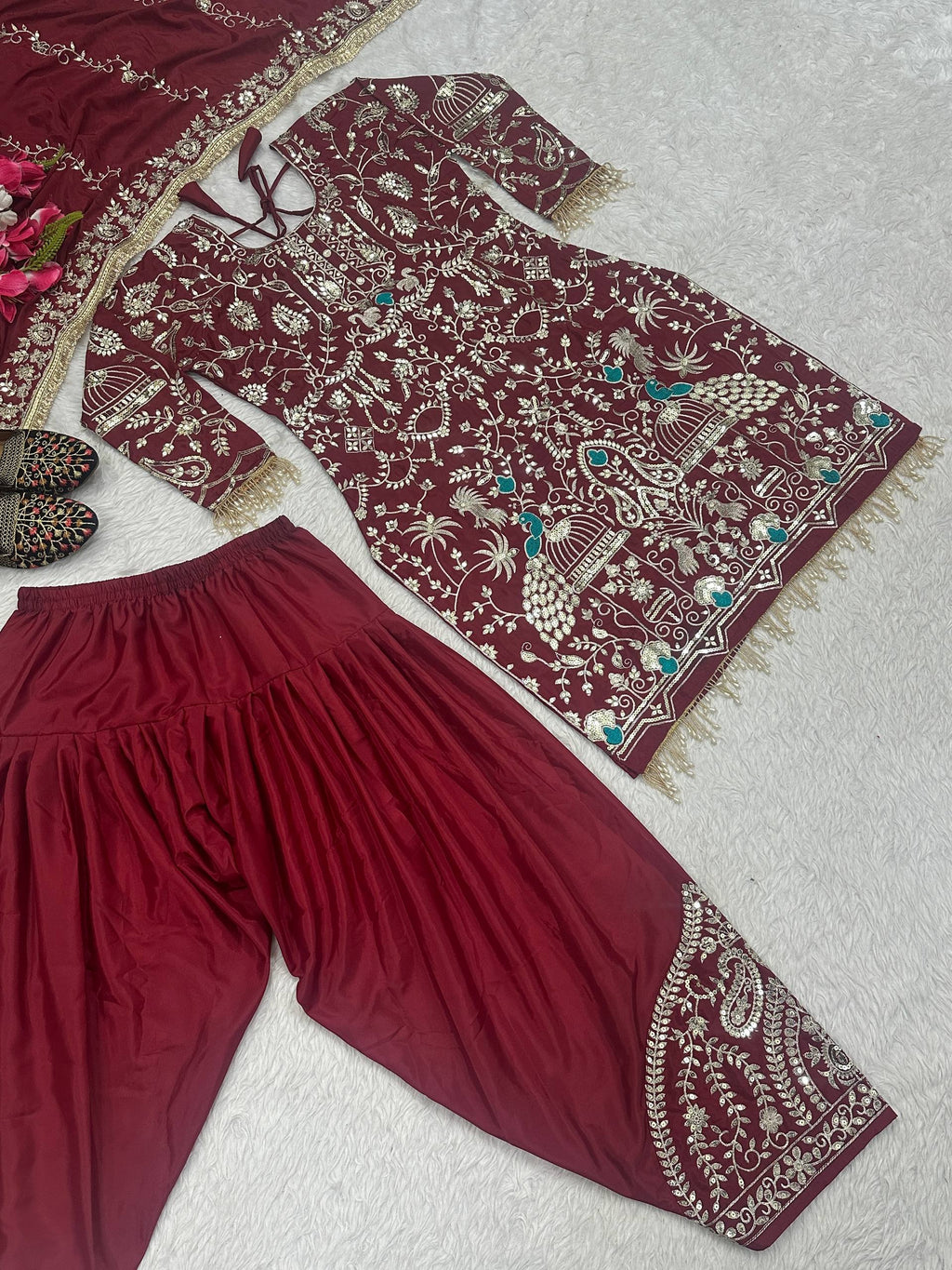Afsana Natural Crepe Embroidered Dhoti Salwar Set with Lace Dupatta