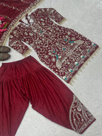 Afsana Natural Crepe Embroidered Dhoti Salwar Set with Lace Dupatta