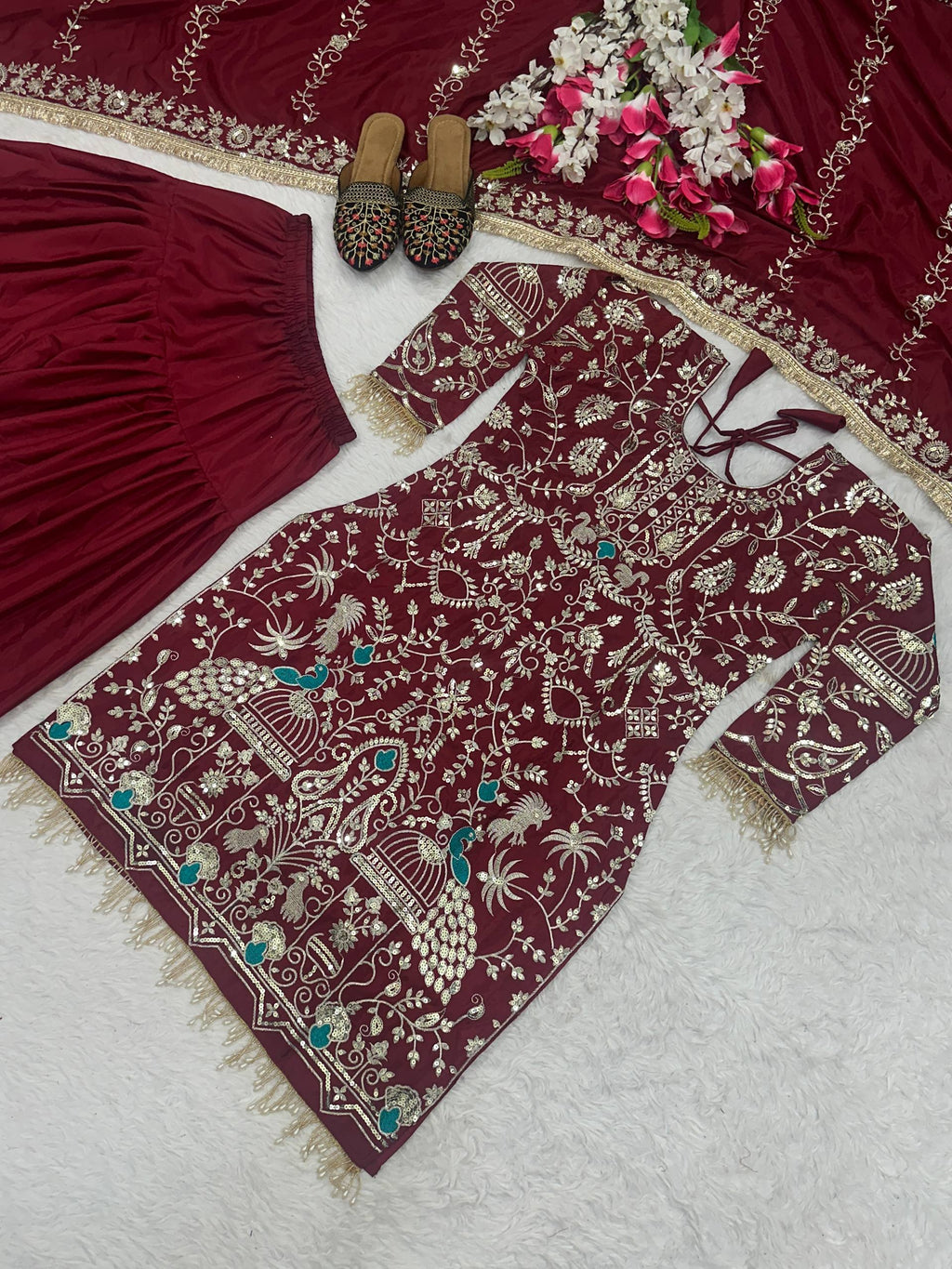 Afsana Natural Crepe Embroidered Dhoti Salwar Set with Lace Dupatta