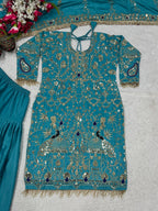 Afsana Natural Crepe Embroidered Dhoti Salwar Set with Lace Dupatta