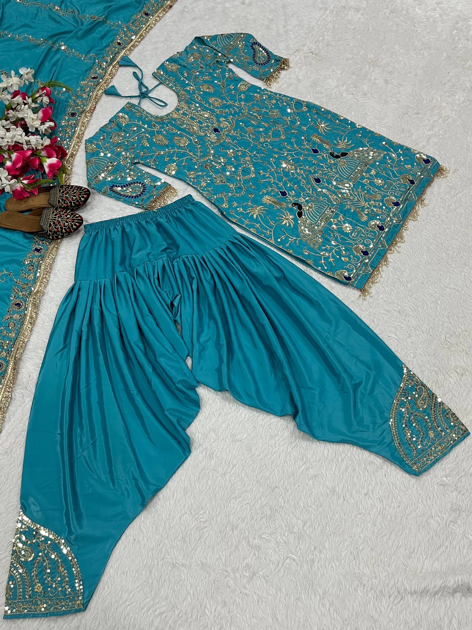 Afsana Natural Crepe Embroidered Dhoti Salwar Set with Lace Dupatta