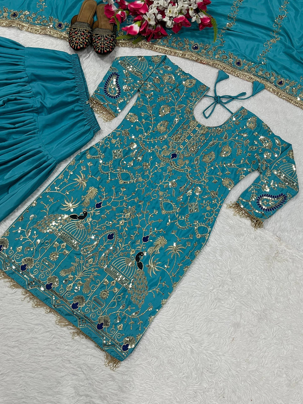 Afsana Natural Crepe Embroidered Dhoti Salwar Set with Lace Dupatta