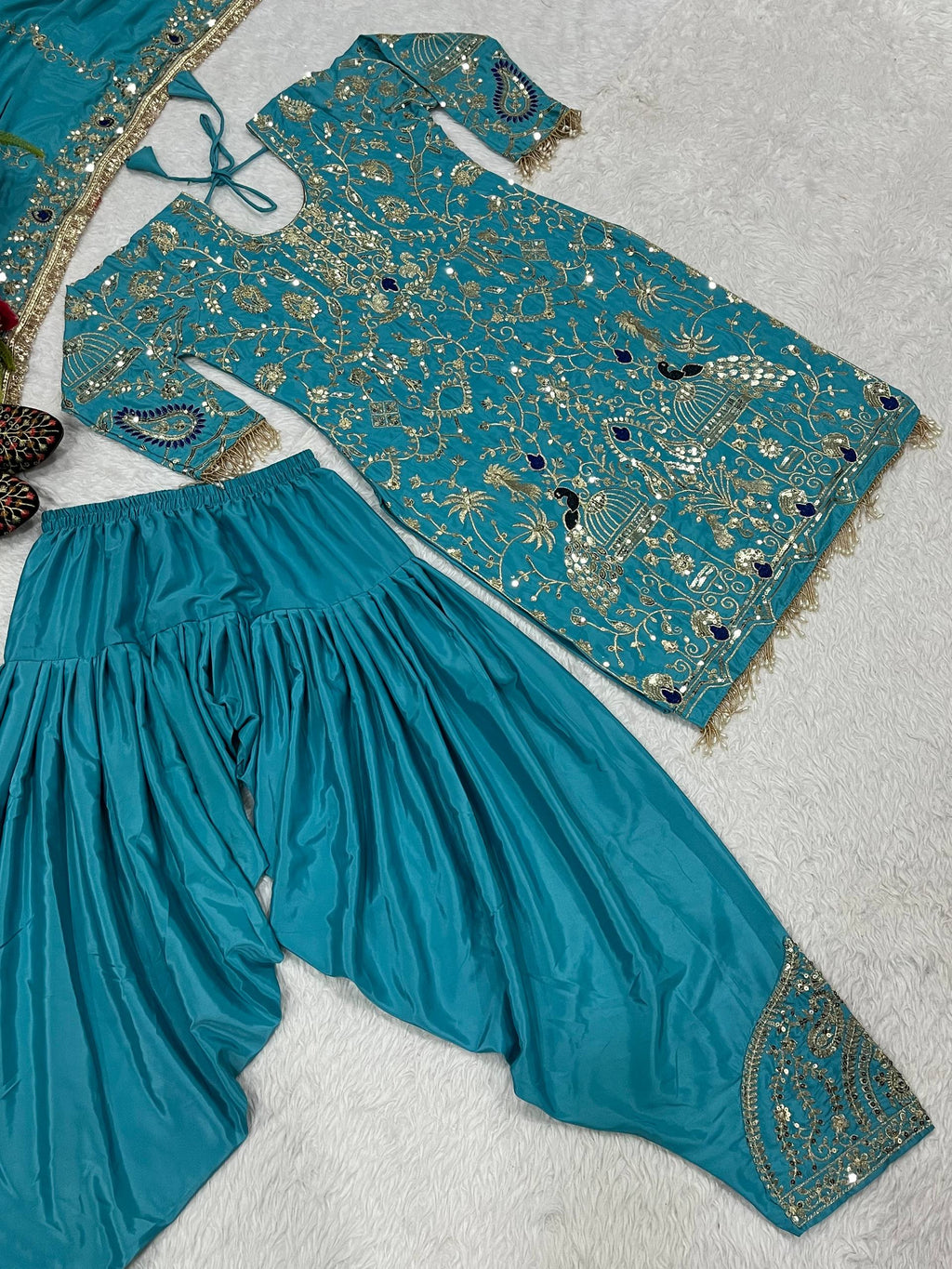 Afsana Natural Crepe Embroidered Dhoti Salwar Set with Lace Dupatta